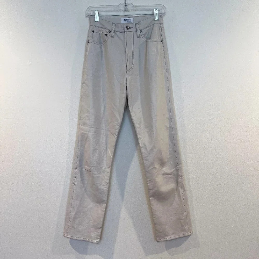 Agolde 90s Pinch Waist Cream Recycled Leather High Waist Straight Leg Pants 24 - Picture 2 of 13
